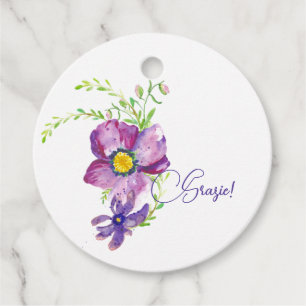 Étiquettes Cadeau Aquarelle Fleur violette et Feuilles verts Grazie