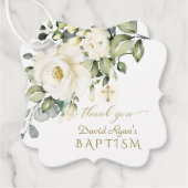 Étiquettes Cadeau Aquarelle Fleurs blanches Croix d'or Baptême garço (Devant)