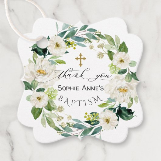 Étiquettes Cadeau Aquarelle Fleurs blanches Wreath Cross Baptism (Devant)