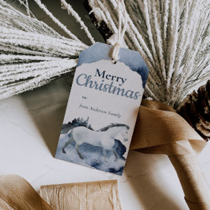 Étiquettes-cadeau Aquarelle Forêt Cheval Joyeux Noël Neige Bleue