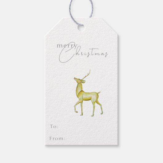 Étiquettes-cadeau Aquarelle Gold Reindeer Joyeux Noël (Devant)