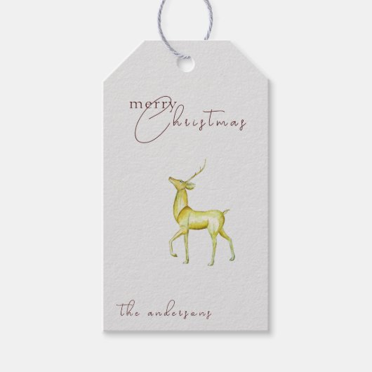 Étiquettes-cadeau Aquarelle Gold Reindeer Joyeux Noël Argent (Devant)
