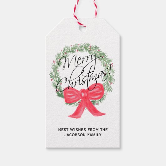 Étiquettes-cadeau Aquarelle Joyeux pin de Noël Vacances en Wreath (Devant)