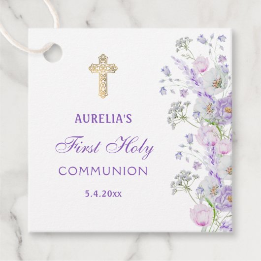 Étiquettes Cadeau Aquarelle Lilac Fleurs Première communion (Devant)