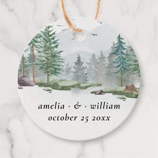 Étiquettes Cadeau Aquarelle Mariage rustique Forêt de pins (Devant)