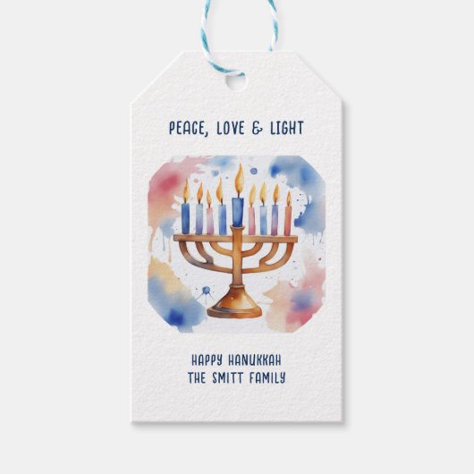 Étiquettes-cadeau Aquarelle Menorah Happy Hanoukka (Devant)
