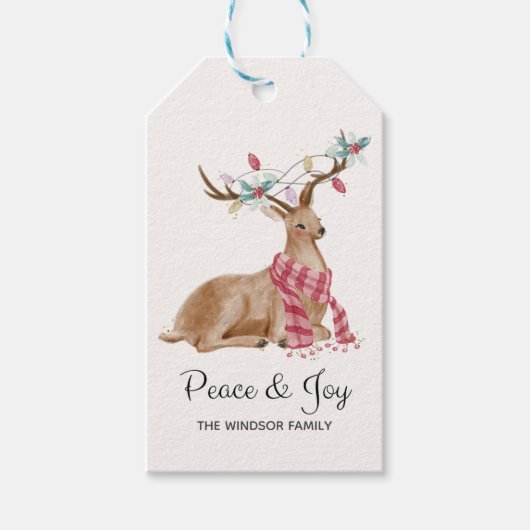Étiquettes-cadeau Aquarelle moderne Deer Paix et Joie Noël (Devant)