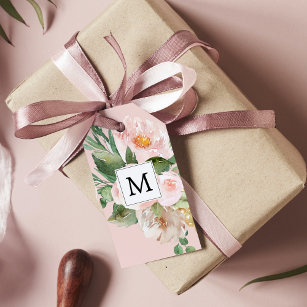 Étiquettes-cadeau Aquarelle moderne Fleurs roses Monogrammes