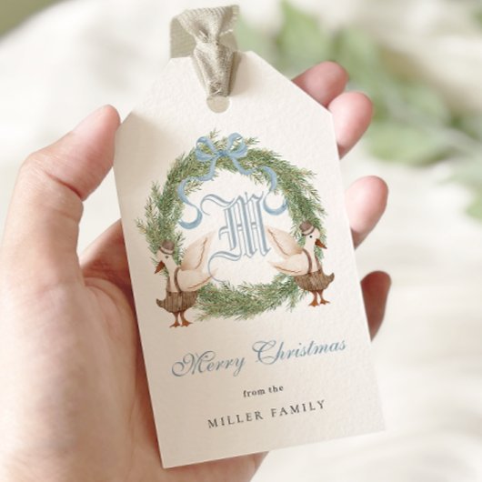 Étiquettes-cadeau Aquarelle Monogram Crest Ornat Wreath Noël