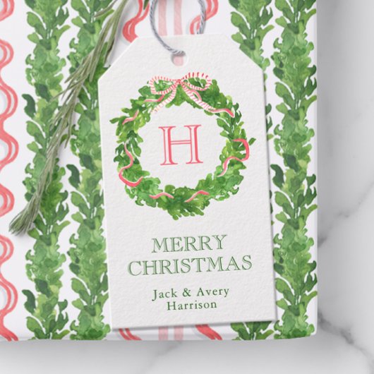 Étiquettes-cadeau Aquarelle Monogramme de Noël à bille