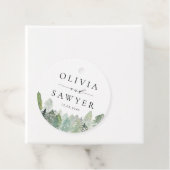 Étiquettes Cadeau Aquarelle neige À feuillage persistant Bois Mariag (En situation)