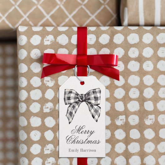 Étiquettes-cadeau Aquarelle noir et blanc Buffalo Plaid Bow