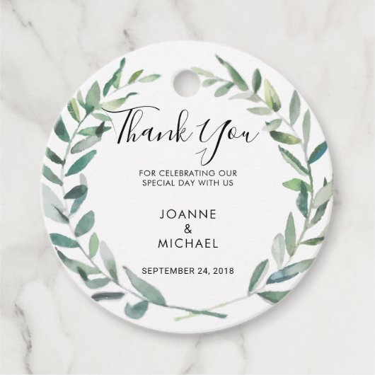 Étiquettes Cadeau Aquarelle olive feuille Mariage Merci (Devant)