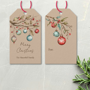 Étiquettes-cadeau Aquarelle Ornements Noël Élégant Script