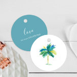 Étiquettes Cadeau Aquarelle Palm Tree Tropical Faver Tags<br><div class="desc">Ces marques de faveur tropicales uniques présentent mon palmier d'aquarelle d'origine dans les tons bleu, vert et turquoise. La carte revient à une couleur bleu turquoise avec la place pour la personnalisation. Utilisez-les pour les cadeaux de la femme d'honneur, les mariages de plage, les mariages de destination ou les faveurs...</div>