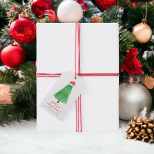 Étiquettes-cadeau Aquarelle personnalisée Arbre de Noël Santa Hat