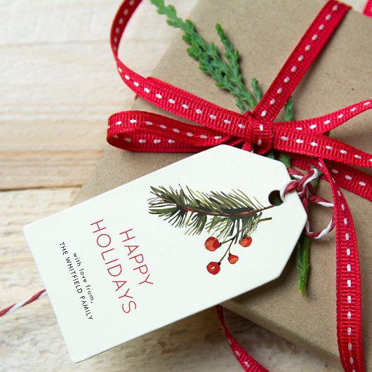 Étiquettes-cadeau Aquarelle Pin vert et rouge et baies