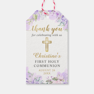 Étiquettes-cadeau Aquarelle Purple Floral Or Première Communion Sai