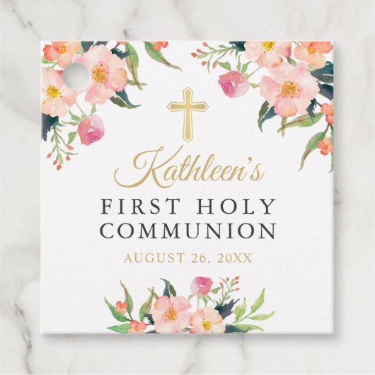 Étiquettes Cadeau Aquarelle rose Fille Florale Première Sainte Commu (Devant)