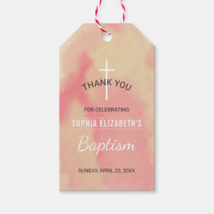 Étiquettes-cadeau Aquarelle rose filles Baptême Merci