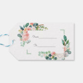Étiquettes-cadeau Aquarelle rose Fleurs blanches Mariage cadre vert (Dos Horizontal)