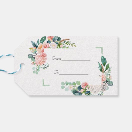 Étiquettes-cadeau Aquarelle rose Fleurs blanches Mariage cadre vert (Dos Horizontal)