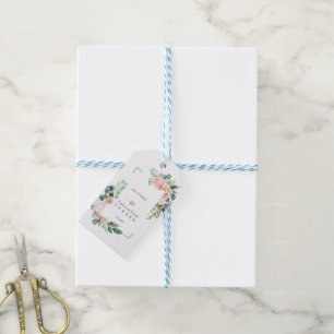 Étiquettes-cadeau Aquarelle rose Fleurs blanches Mariage cadre vert