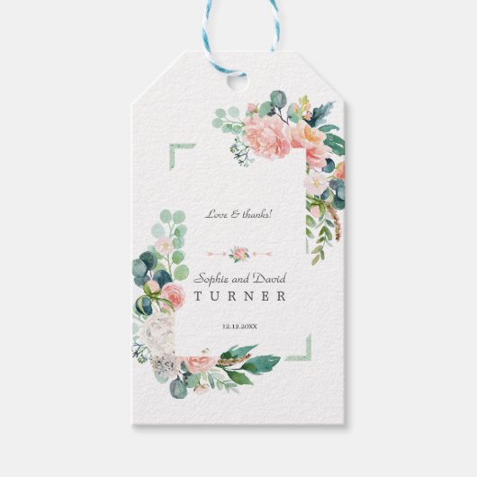 Étiquettes-cadeau Aquarelle rose Fleurs blanches Mariage cadre vert (Devant)