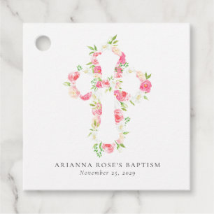 Étiquettes Cadeau Aquarelle rose Floral Cross Baptism Favoriser les 