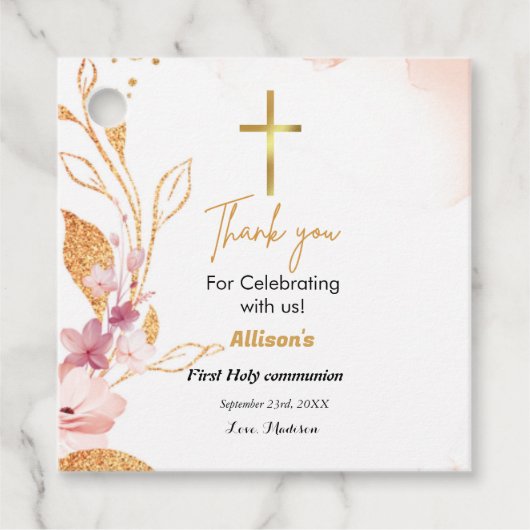 Étiquettes Cadeau Aquarelle rose première communion merci (Devant)