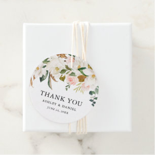 Étiquettes Cadeau Aquarelle rose Roses blanches Magnolias Mariage