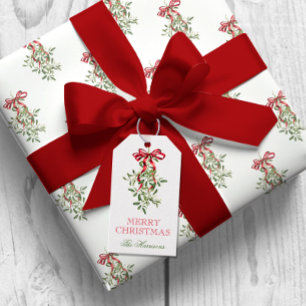 Étiquettes-cadeau Aquarelle Rouge Bow Mistletoe Noël