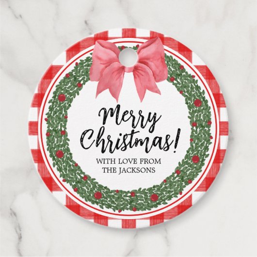Étiquettes Cadeau Aquarelle rouge Bow Noël Holly Wreath (Devant)