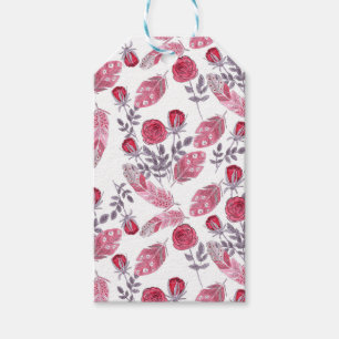 Étiquettes-cadeau Aquarelle rouge roses fleurs plumes blanc