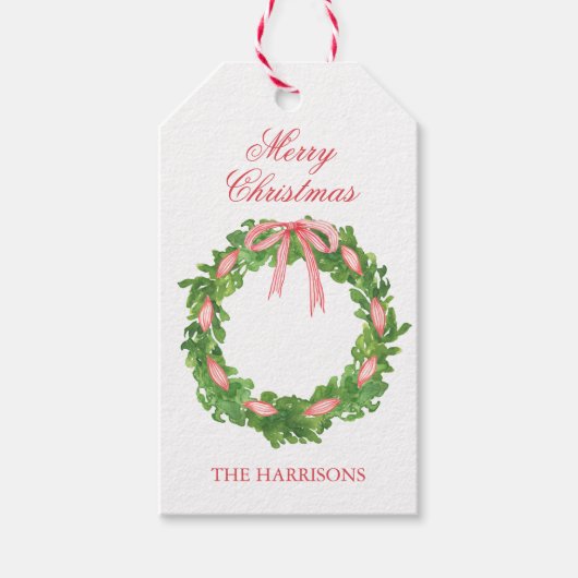 Étiquettes-cadeau Aquarelle Ruban rayé Wreath Noël (Devant)