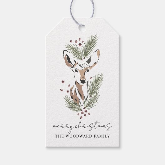 Étiquettes-cadeau Aquarelle rustique Cerfs Pins Boughs Noël (Devant)
