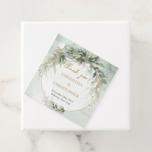 Étiquettes Cadeau Aquarelle rustique eucalyptus vert or (En situation)