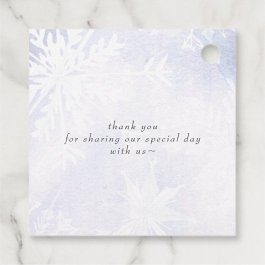 Étiquettes Cadeau Aquarelle rustique Snowflakes Blue Winter Wedding (Dos)