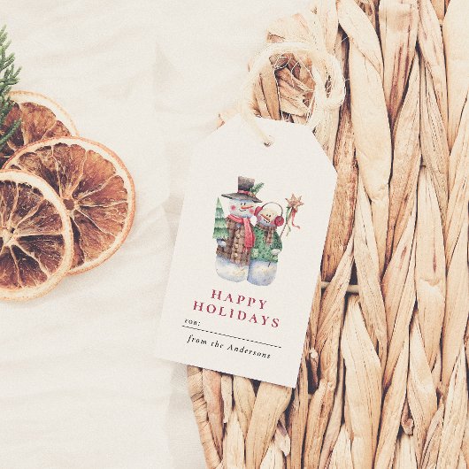 Étiquettes-cadeau Aquarelle Snowman Joyeuses vacances Noël