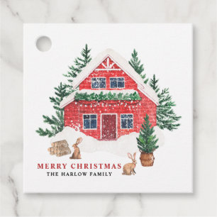 Étiquettes Cadeau Aquarelle Snowy Red Cottage Joyeux Noël
