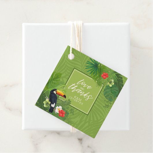 Étiquettes Cadeau Aquarelle Tropical avec Mariage Toucan Green ID577 (En situation)
