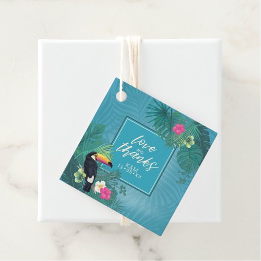 Étiquettes Cadeau Aquarelle Tropical avec Mariage Toucan ID Turquois (En situation)