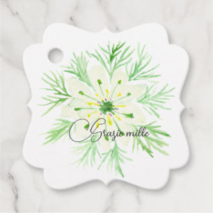 Étiquettes Cadeau Aquarelle Vert et blanc Fleur Grazie Mille