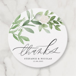 Étiquettes Cadeau Aquarelle vert et fleurs blanches Mariage