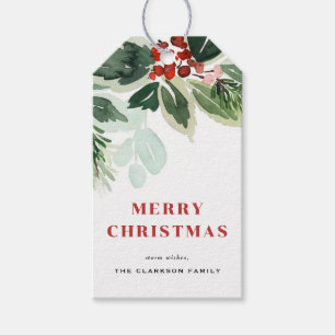 Étiquettes-cadeau Aquarelle Winterberry à feuilles panachées de Noël