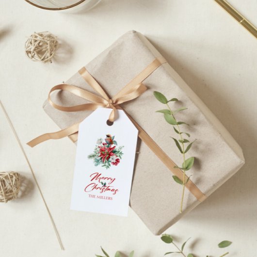 Étiquettes-cadeau Aquarelles Fleurs de Noël, feuilles, oiseaux