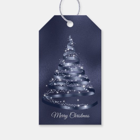 Étiquettes-cadeau Arbre à ruban bleu brillant de Noël (Devant)