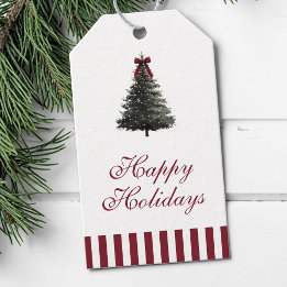 Étiquettes-cadeau Arbre de Noël à rayures rouges élégantes aquarelle