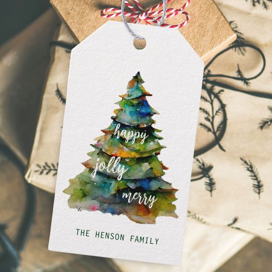 Étiquettes-cadeau Arbre de Noël Aquarelle Joyeux Jolly Happy
