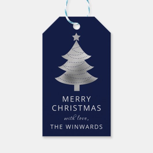 Étiquettes-cadeau Arbre de Noël bleu et argenté (Devant)
